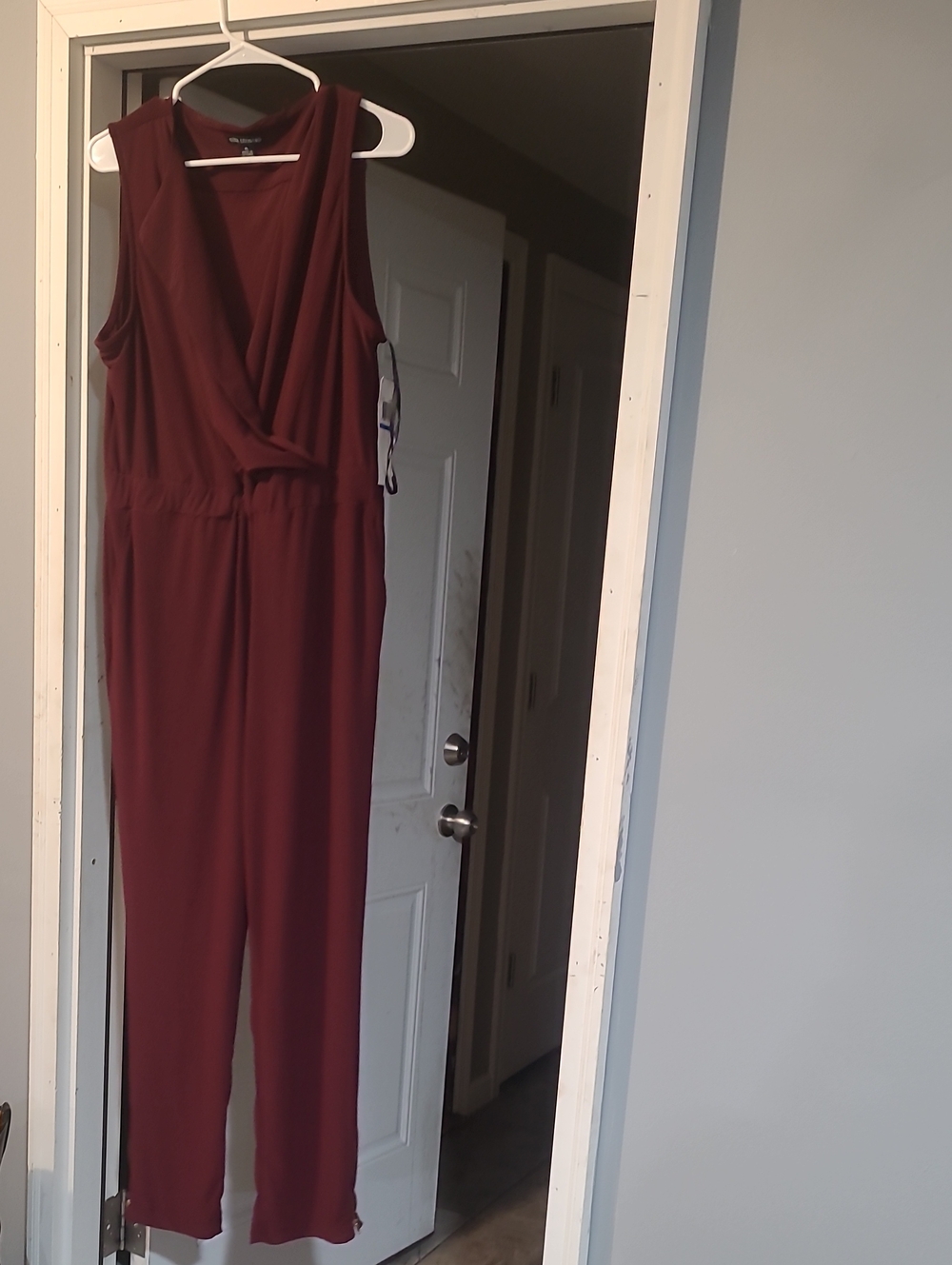 Nina Leonard Sleeveless Maroon Wrap-Front Jumpsuit